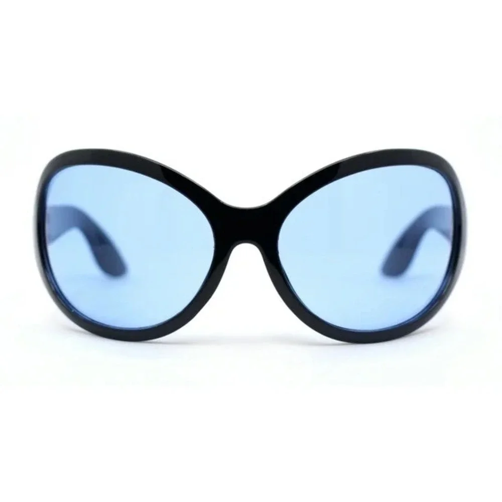 Men's Oversized Black Frame Blue Lens Butterfly Sunglasses UV Protection Fashion
